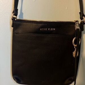 Anne Klein Black Pebbled Leather Crossbody with Gold Accents